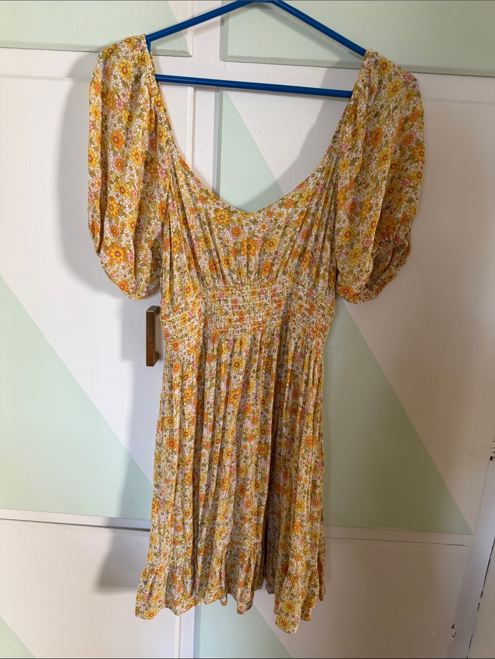 Billabong Yellow Floral Puff-Sleeve Smocked Mini Dress